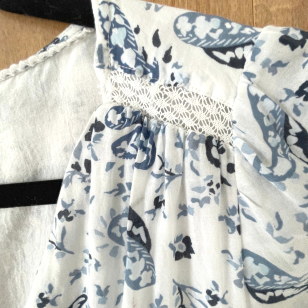 Lucky Brand Blue Paisley Tiered Maxi Dress White Cotton Blend Boho Lace Trim M - Picture 5 of 9